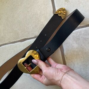Black Leather Belt with Gold Heart Buckle